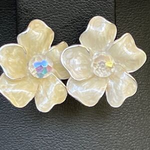 Silver Enamel Wildflower embellished with Swarovski Crystals Statement Earrings